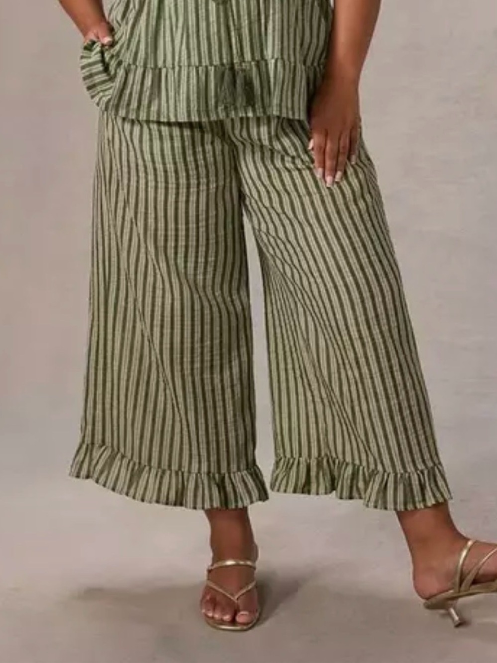 Torrid Olive & Black Striped Wide-Leg Ruffle Hem Pants